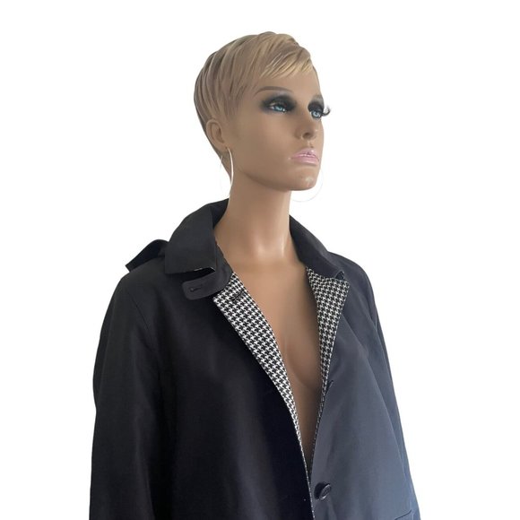 Sanyo Long Sleeve Button Closure Hood Houndstooth Trench Coat Jacket Black - 12 - Picture 3 of 12